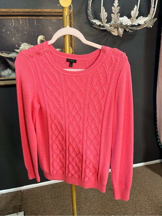 Talbots Sweaters - Talbots Coral Pink Cable-Knit Crewneck Sweater with Shoulder Buttons